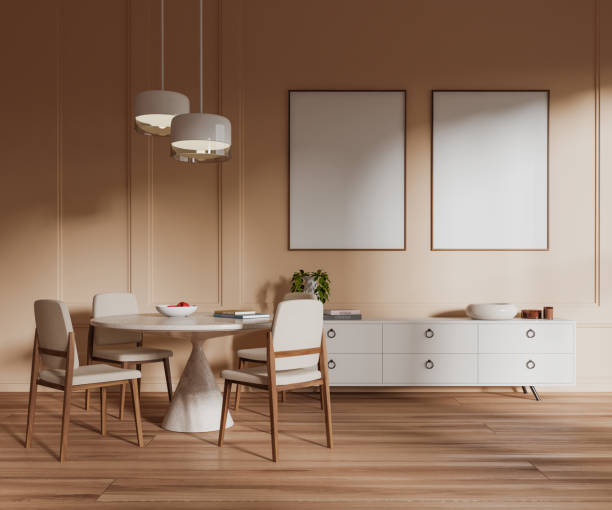 istock Modern living room interior eating table and sideboard with decor, mockup frame 1480927523
