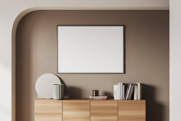 istock Stylish exhibition room interior drawer with decoration, mockup photo frame 1480927652