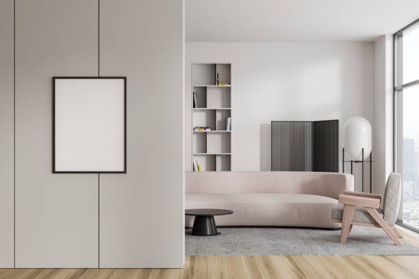 istock Stylish living room interior with couch and panoramic window. Mockup frame 1480927779