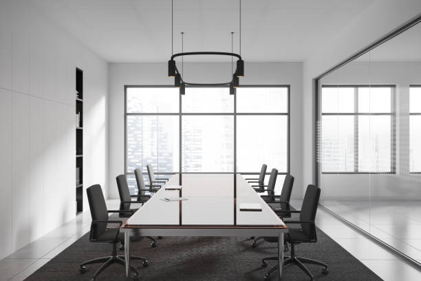 istock Light business room interior with table and armchairs, panoramic window 1480927887