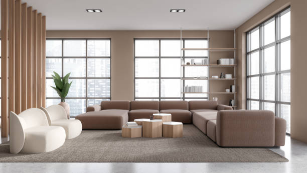 istock Spacious beige living room interior 1480928754