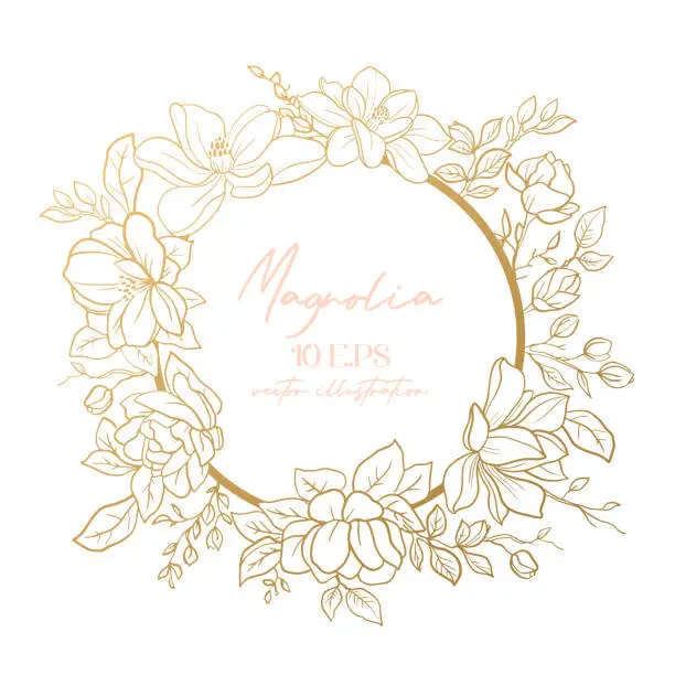 Vector illustration of Wedding or party invitation template with gold round frame with magnolia flowers.