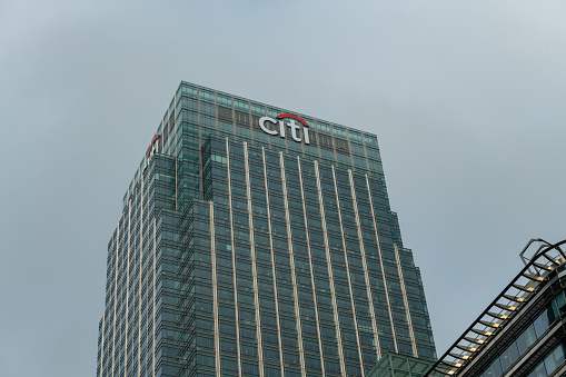 London. UK-03.30.2022. An exterior view of the Citigroup Centre building in Canada Square, Canary Wharf on a grey overcast day.