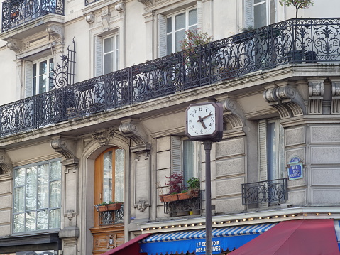 A close-up of a Parisian facade in le Marais district. Paris, France - April 8, 2023.