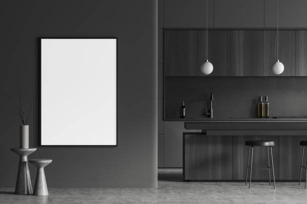 istock Grey kitchen interior with bar island and cooking area. Mockup frame 1480929094