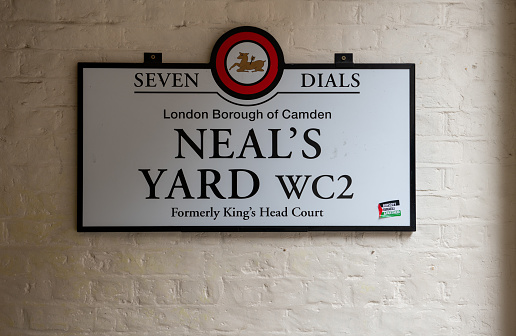 London. UK- 06.27.2021: the street sign by the entrance to Neal's Yard, a popular shopping and tourist landmark.