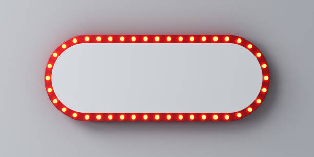 istock Retro long billboard or blank signboard with glowing yellow neon light bulbs isolated on white wall background with shadow 3D rendering 1480930003