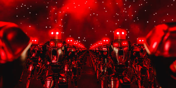 istock Spooky robots with glowing red neon eyes. Robots have turned against humans 3d render 1480930190