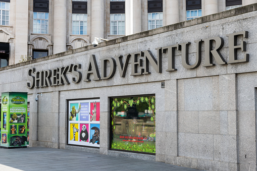London. UK. 05.23.2020. The Shrek's Adventure attraction in the County Hall building.
