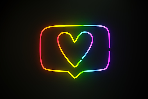 3D render illustration of bright multicolored neon signboard with glowing heart as notification against black background
