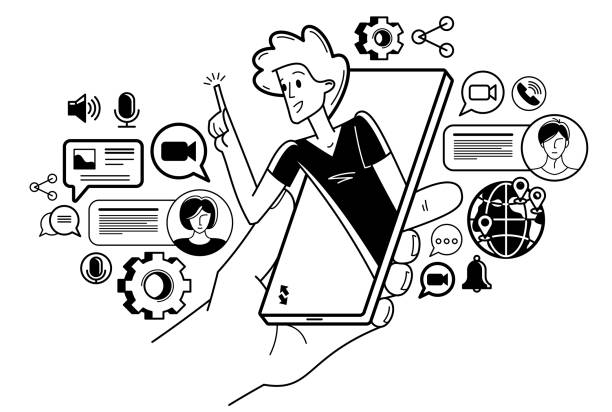istock Video chat, young people are speaking remote about business and work, vector outline conference, online chatting team of workers, online conference webinar. 1480933796
