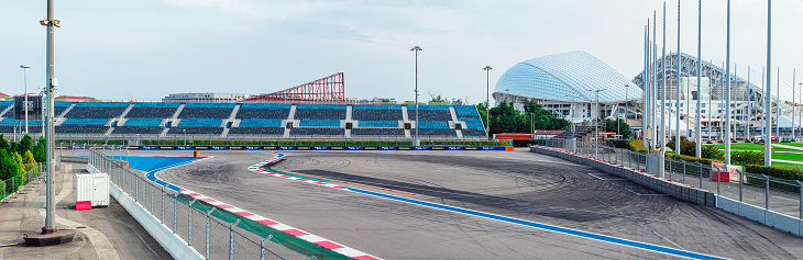 Sirius, Russia - August 25, 2022: Sochi Formula 1 track and Fisht stadium - panorama