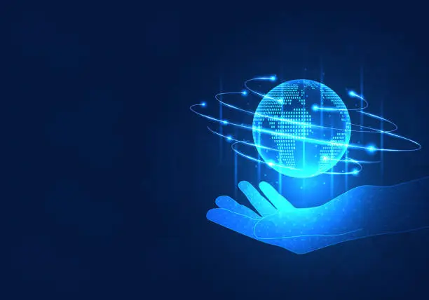 Vector illustration of Businessman hand holding the globe Referred to businessmen who bring technology to help manage the management of the company. Let the company grow and expand its business overseas to increase sales.