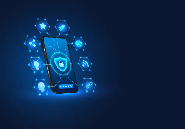 Vector illustration of Smartphone technology with a shield on the front Mobile phones have privacy protection technology or data destruction attacks. It is a deterrent from losing or corrupting data.