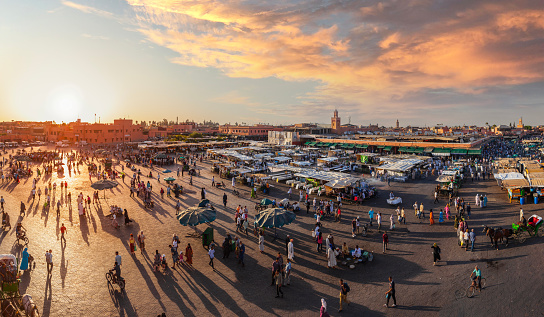 The most crowded Jemaa el Fna square in Marrakech, Morocco.