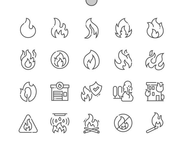 feuer. feuersbrunst. brennendes gebäude. kein feuer erlaubt. feuerwehrwache. pixel perfect vector thin line icons. einfaches minimales piktogramm - feuer stock-grafiken, -clipart, -cartoons und -symbole