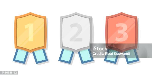 금 은 동메달 배지 세트 평면 그림에 리본 1위에 대한 스톡 벡터 아트 및 기타 이미지 - 1위, 2 위-상 종류, 3위 ...