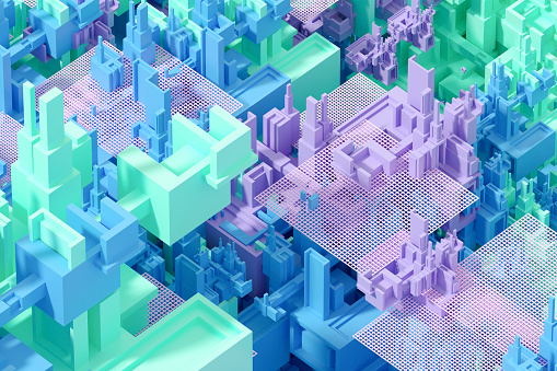 Abstract Cityscape Background,  Metaverse, Smart City, Block Shapes, Blockchain, Big Data Technology Concept, 3d render.