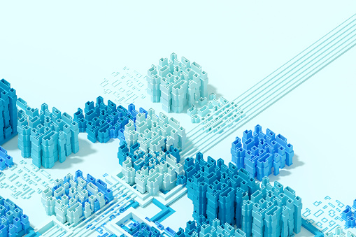 Abstract Cityscape Background,  Metaverse, Smart City, Block Shapes, Blockchain, Big Data Technology Concept, 3d render.