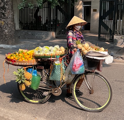 November 18 2022 - Hanoi, Vietnam : Vendor selling goods on a bicycle on street in Hanoi city.
