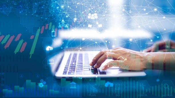 istock Businessman using laptop analyzing sales data on futuristic virtual screen technology and economic growth graph. business work Global strategy planning, virtual icons and stock market analysis graphs 1480945478