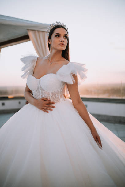 Beautiful bride posing in white princess dress with crown.