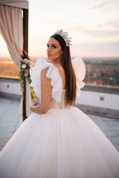 istock Beautiful bride posing in white princess dress with crown. 1480953328