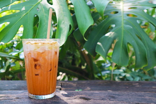 Glass of Mouthwatering Thai Iced Tea Isolated on Garden Table