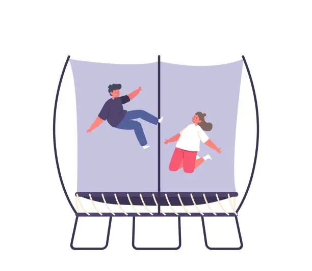 Vector illustration of Playful Kid Leaping High On A Trampoline, Displaying Their Acrobatic Skills. Marketing Kids' Fitness Program, Recreation