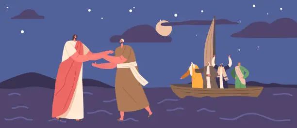 Vector illustration of Biblical Scene Jesus And Peter Walk On Water While Apostles Sit In A Boat. The Image Depicts Faith, Miracles