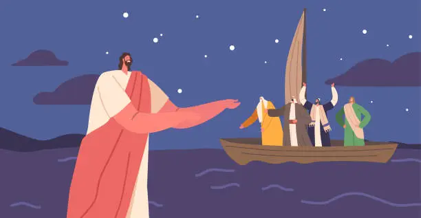 Vector illustration of Biblical Scene Depicting Jesus Walking On Water, With His Apostles Sitting In Boat. Concept Of Faith And Miracles