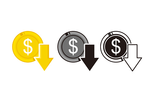 Cost reduction icon price lower arrow. Vector low cost money crisis icon