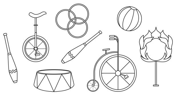 ilustrações de stock, clip art, desenhos animados e ícones de vector illustration set of circus equipment, accessories for circus, for circus performance, doodle and sketch - the purfleet