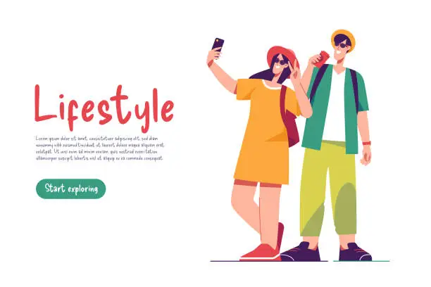 Vector illustration of Vector illustration of a couple of tourists travelers with backpacks taking selfie