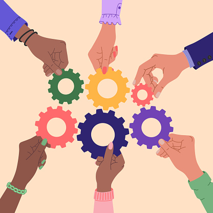 Human hands of different ethnicity people holding a gears. Teamwork, partnership, international cooperation concept. Hand drawn vector illustration isolated on light background, flat cartoon style.