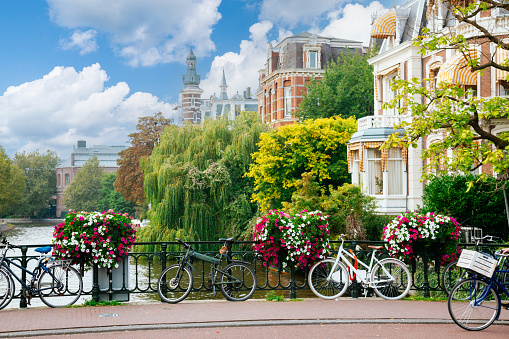 Bicycles parked on a bridge over a canal in central Amsterdam, with typical Dutch houses and green trees on both sides under a sunny, clear sky.