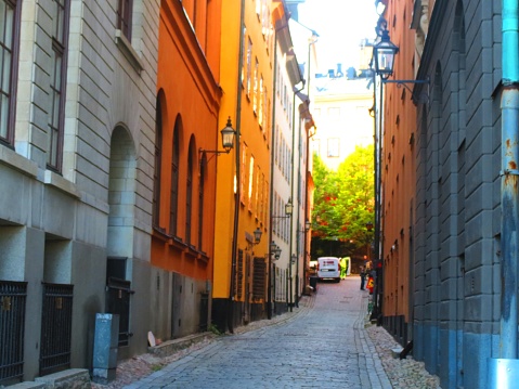 Stockholm. Sweden. 10/12/2022 Buildings in the historic centre of Stortorget at the Gamla Stan Street (Old Town) in the capital city. Stortorget  is the best preserved medieval city center.