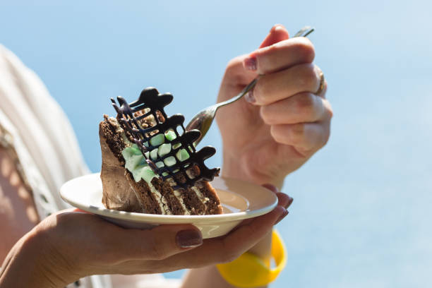 pedaço de bolo de chocolate em camadas em um prato branco na mão - bakery baked biscuit sweet food - fotografias e filmes do acervo