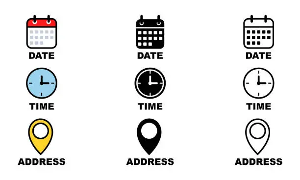 Vector illustration of Set of date, time and address vector icons. Calendar, clock and pin icon.