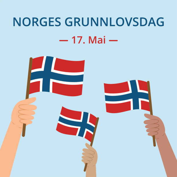 illustrations, cliparts, dessins animés et icônes de bannière du jour de la constitution norvégienne (norges grunnlovsdag). fête nationale 17 mai. modèle avec diverses mains tenant des drapeaux norvégiens. forme carrée pour les réseaux sociaux. - norwegian flag norway flag freedom