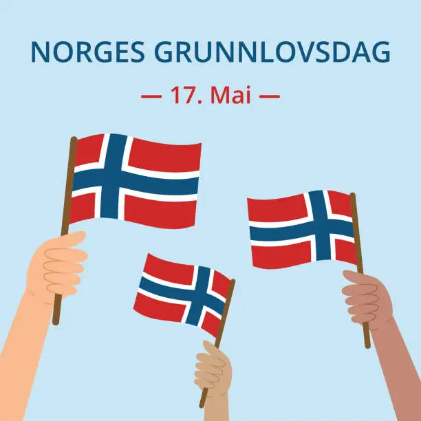 Vector illustration of Norway Constitution Day (Norges Grunnlovsdag) banner. National holiday 17 May. Template with diverse hands holding Norwegian flags. Square shape for social networks.