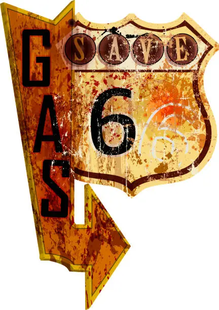 Vector illustration of vintage rusty gas station sign route 66 grungy retro style