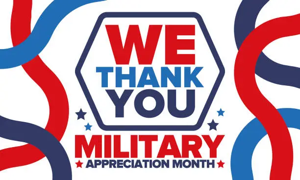 Vector illustration of National Military Appreciation Month in May. Annual Armed Forces Celebration Month in United States. Poster, card, banner and background. Vector illustration