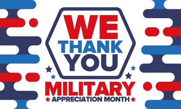 Vector illustration of National Military Appreciation Month in May. Annual Armed Forces Celebration Month in United States. Poster, card, banner and background. Vector illustration