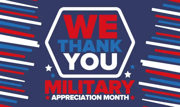 Vector illustration of National Military Appreciation Month in May. Annual Armed Forces Celebration Month in United States. Poster, card, banner and background. Vector illustration