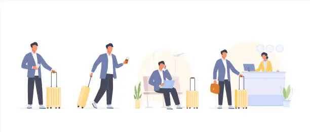 Vector illustration of Businessman having a business trip set. Flat vector