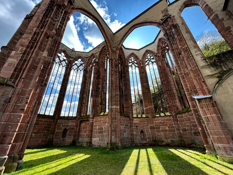 The Werner chapel ruin in the medieval town of Bacharach, Germany. Built in the 13th century, the chapel is nowadays a ruin and a tourist attraction in the middle Rhine valley. It is a remarkable example of German gothic architecture.