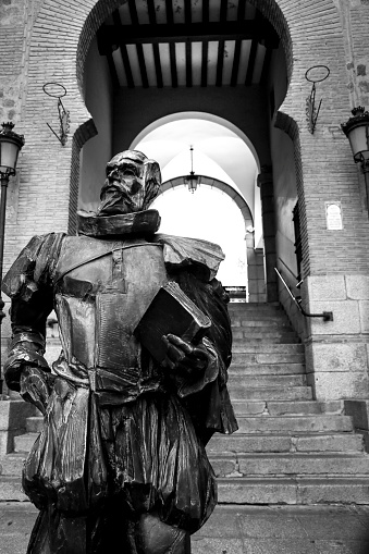 Toledo, Spain- October 6, 2022: Statue of Miguel de Cervantes, nearby to the Zocodover square