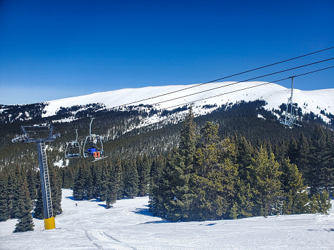 Ski Cooper, Colorado, USA- April 6, 2023: People on a ski lift at Ski Cooper ski resort, Colorado.