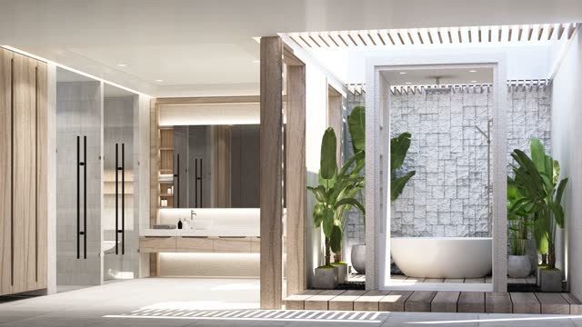 create of modern contemporary wood bathroom with parquet floor and white marble wall with built in mirror counter basin with toilet and outdoor rain shower with skylight. realistic interior 3d render
